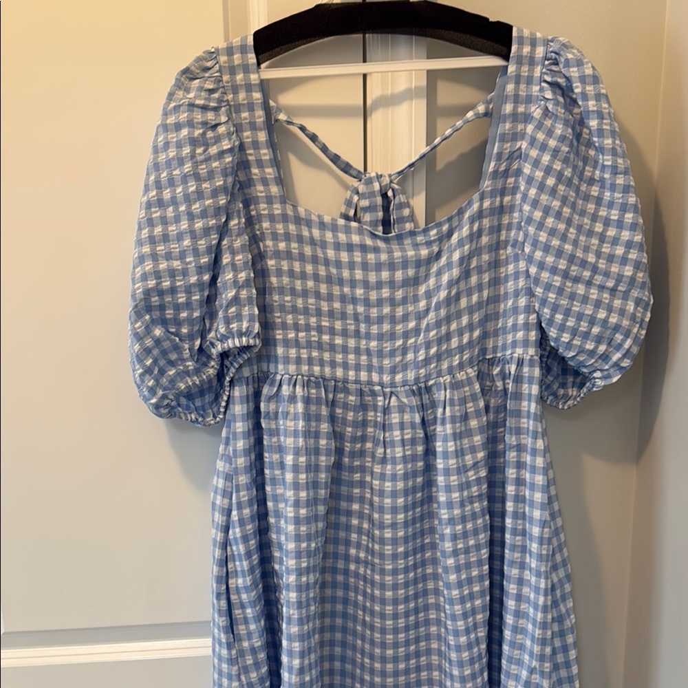 Jacquie The Label Blue Puff Sleeve Checkered Dress